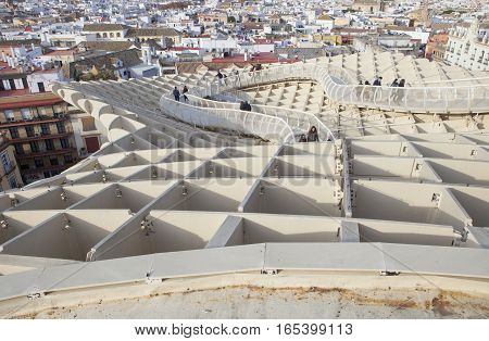 Seville Spain - January 2 2017: Seville cityscape from the roof footbridge for pedestrians at Metropol Parasol building Seville Spain