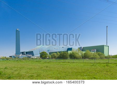 HENGELO NETHERLANDS - APRIL 7 2016: Exterior of the Twence waste treatment plant. It recycles 95% of all the incoming household waste from the Twente region.