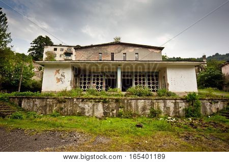 Abandoned mining ghost-town Jantuha, Abkhazia. Destroyed empty houses, remnant of The Georgian-Abkhazian war