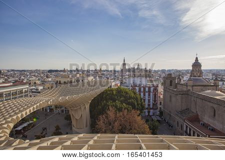 Seville Spain - January 2 2017: Space Metropol Parasol (Setas de Sevilla) one have the best view of the city of Seville Spain. It provides a unique view of the old city center and the cathedral