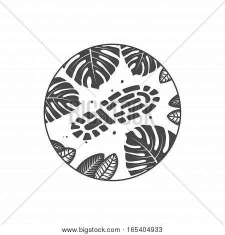 adventure theme emblem, boot print on jungle ground, illustration on a white background