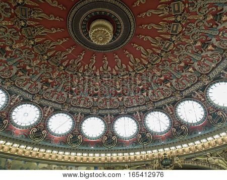 Bucharest Romania March 9 2016: The stained glass roof of Romanian Athenum.