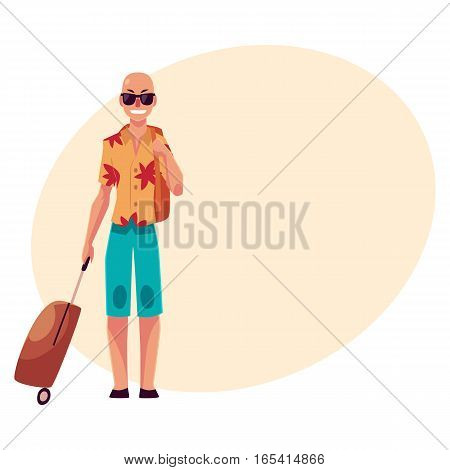 Young bald man in sunglasses, aloha shirt and shorts with a suitcase, cartoon illustration on background with place for text. Airplane passenger with a suitcase, going to, from vacation