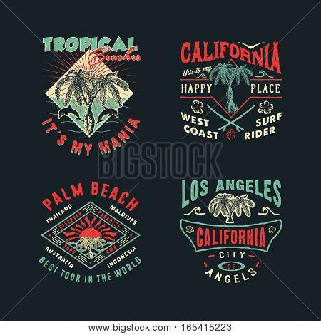 A SET OF DRAWINGS FOR PRINTING ON T-SHIRTS. Handmade Palms trees retro style. Design fashion apparel on dark background. T shirt graphic vintage vector illustration badge label logo template.
