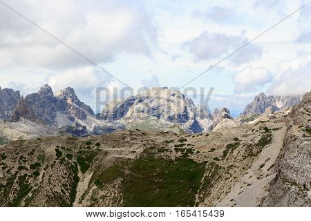 Mountain Birkenkofel Panorama And Footpath At Bullelejoch In Sexten Dolomites, South Tyrol, Italy