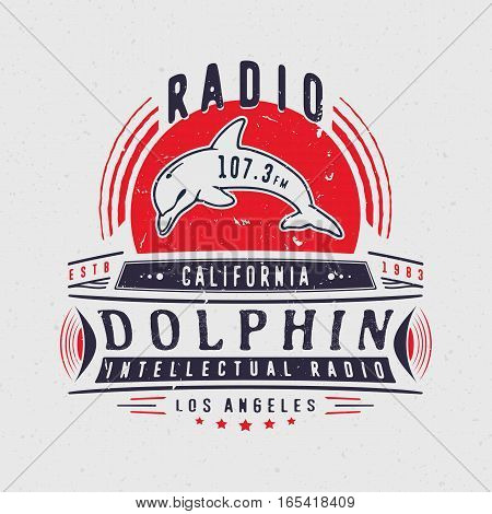 RADIO DOLPHIN. Vintage badge with dolphin. Design fashion apparel textured print. T shirt graphic grunge vector illustration badge label logo template.