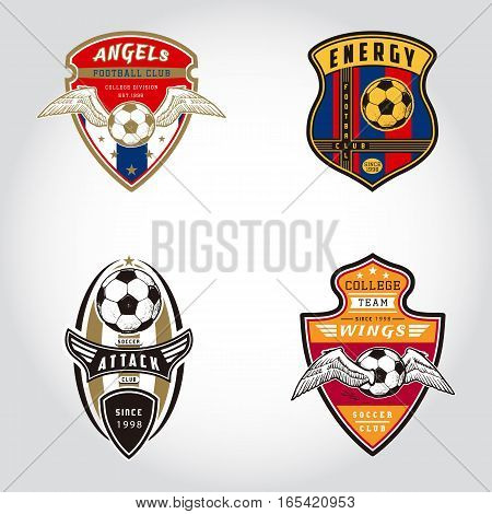 SET OF SOCCER BADGE LOGO . Handmade football ball. Sport Team identity vector illustrations isolated on white background. Collection themed T shirt graphics. Design templates fashion apparel print.