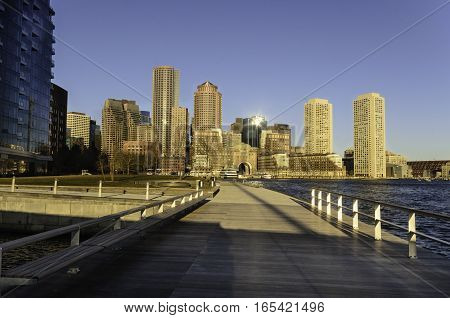 Harborwalk view of Rowes Wharf from the tidal well on Fan Pier in South Boston