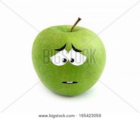 Sad green apple isolated over white background