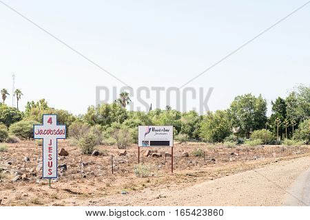 JACOBSDAL SOUTH AFRICA - DECEMBER 31 2016: Signs at the entrance of Jacobsdal a small town in the Free State Province