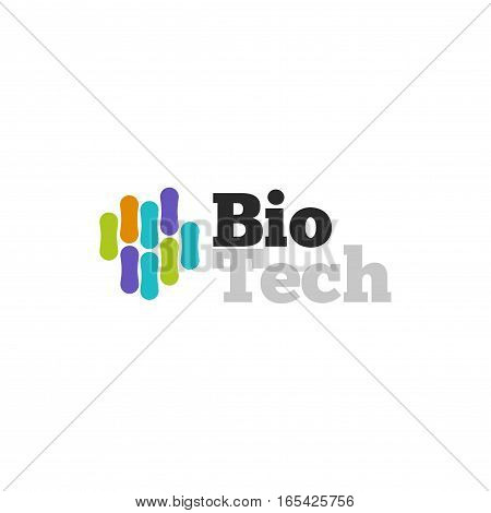 Biotech logo vector symbol, biotechnology logotype with abstract colorful molecular structure isolated on white background, genetic microorganism