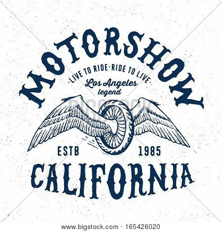 Winged Wheel. Hand crafted retro vintage drawn design. Original handmade textured painted lettering type on white background. Authentic handmade art goods, vector illustration.
