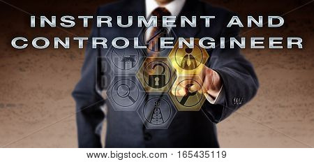 Recruiter in blue business suit pushing INSTRUMENT AND CONTROL ENGINEER on a virtual remote control screen. Oil and gas industry job metaphor for an I&C engineering position in quality controlling.