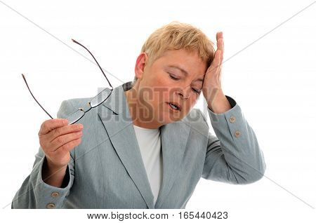 Portrait of business woman with headache islated on white