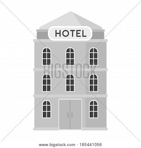 Hotel building icon in monochrome design isolated on white background. Rest and travel symbol stock vector illustration.