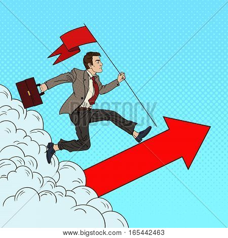 Pop Art Successful Businessman with Flag Running to the Top. Business Motivation Leadership. Vector illustration