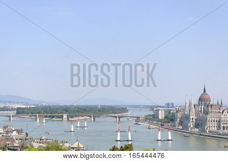 The view of the central part of Budapest and Danube river at sunny summer day
