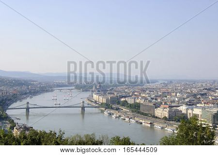 The view of the central part of Budapest and Danube river at sunny summer day