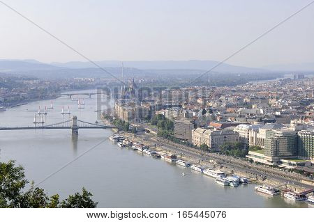 The view of the central part of Budapest and Danube river at sunny summer day