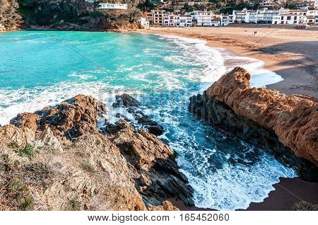 Spain. Catalonia. Costa Brava. Beach Sa Riera. Beautiful views of the Mediterranean coast. Tourist places. The picturesque promenade along the sea.