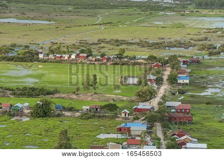 View From Phnom Krom Tepmple On Village And Green Field