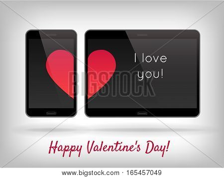 Happy Valentines Day greeting card. Vector illustration with technology device and hearts. Red hearts on screen of mobile phone. Telephone with romantic symbol of love.
