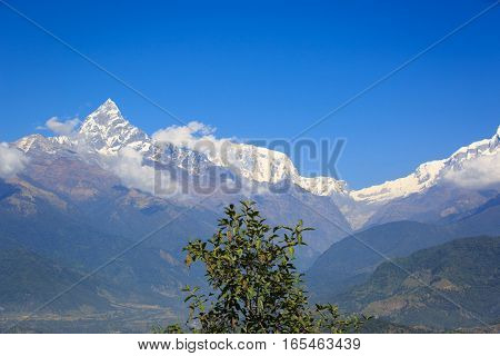machhapuchhre landscape under blue sky in nepal