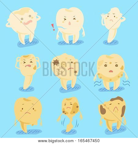 cartoon tooth decay feel unhappy and pain