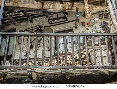 Spain Catalonia . Rupit - medieval mountain village built on top of the basalt rocks in the national park of volcanic origin. The colorful balconies locals.