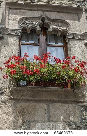 Spain Catalonia . Rupit - mountain village built on top of the basalt rocks; details of facades of the fourteenth to sixteenth centuries.