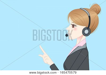 beauty cartoon business woman wear phone headset and show something to you