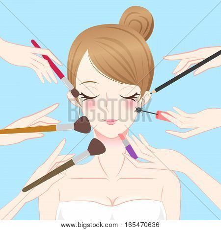 cartoon beauty make up woman with blue background