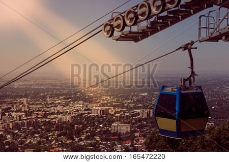 Retro Style Almaty City View From Koktobe Hill And Cabin Of Cable Car, Kazakhstan