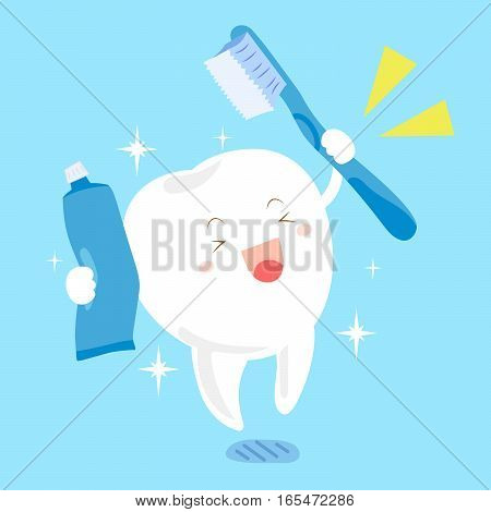 cute cartoon tooth with toothbrush and toothpaste