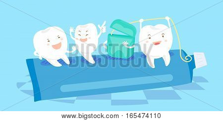 cartoon tooth and floss sit on the paste