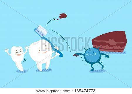 cute cartoon teeth fight with terrible bacterium