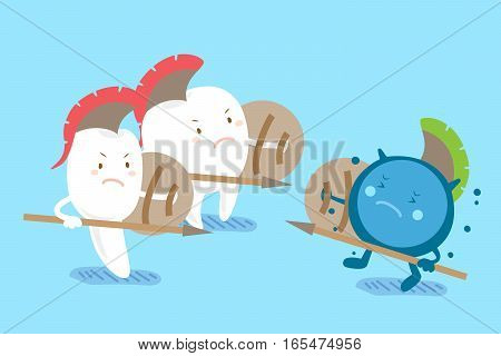 two cute cartoon tooth fight to the bacterium