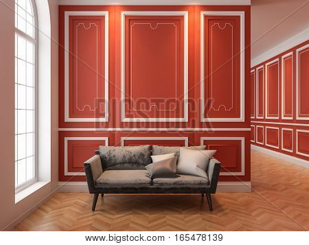 Sofa in classic red interior. 3D render interior mock up.