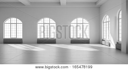 White empty loft interior. 3D render illustration