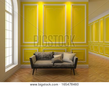 Sofa in classic yellow interior. 3D render interior mock up.