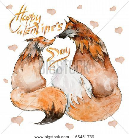 Couple of foxes in love on white background with hearts and the sign "Happy Valentine's day". Watercolor painting. Hand drown. Square. Can be used for greeting card children's book illustration.