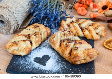 marple and pecan plait pastry sweet food breakfast with heart sign and lavender flowers
