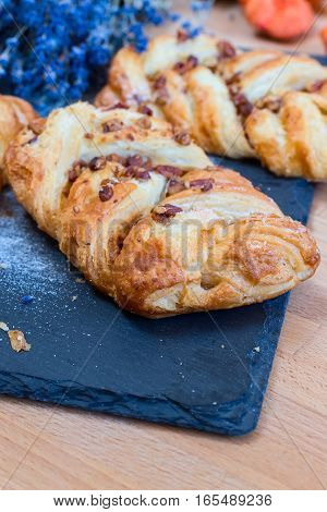 marple and pecan plait pastry sweet food breakfast with lavender flowers