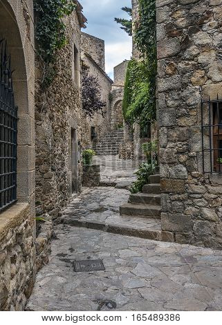Spain Catalonia Girona Pals .The first mention Pals refer to the 9th century. Very beautiful medieval town . Stone streets buildings cozy little town Square an observation deck .