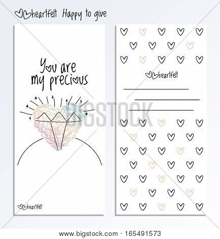 Valentines Day back and fron side card. Valentine Day vector two side greeting post card with hand drawn heart