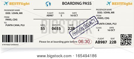 Vector template of an airline boarding pass ticket for traveling by plane.