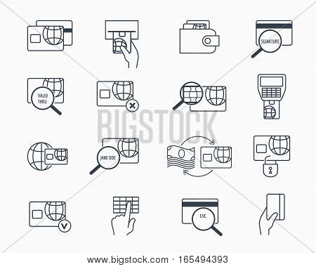 Debit and credit card payment icons. Safe electronic banking outline vector icon set. Electronic pay and money on credit card illustration