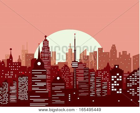 City skyline silhouette at sunset. skyscappers, towers, office and residental buildings. vector illustration