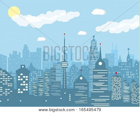 City skyline silhouette at day. skyscappers, towers, office and residental buildings. vector illustration