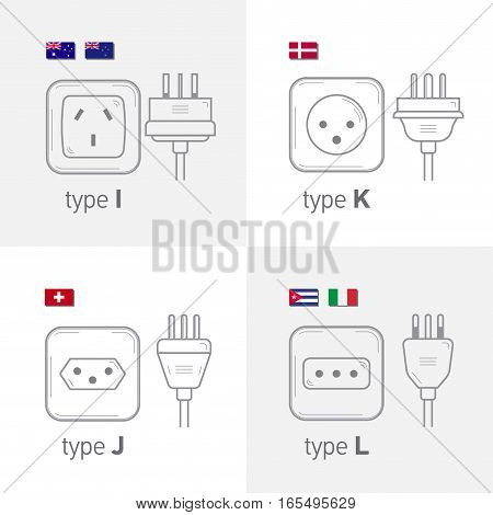 Different type power socket set vector isolated icon illustration for different country plugs. Type IJKL
